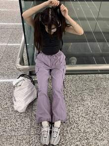Summer New Cargo Pants Women, Loose Drawstring Wide Leg Cinched Ankles Functional Elastic Waist - Purple - View 3