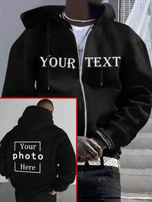 男士黑色定制字母及照片图案拉链连帽衫，正面可印制创意文字，背面可印制全幅图案，情侣/生日礼物/俱乐部制服/周年纪念特供，四季皆宜，简约时尚，可定制印制姓名/日期/标语/手绘图案，秋季长袖上衣 - 黑色 - 查看 1