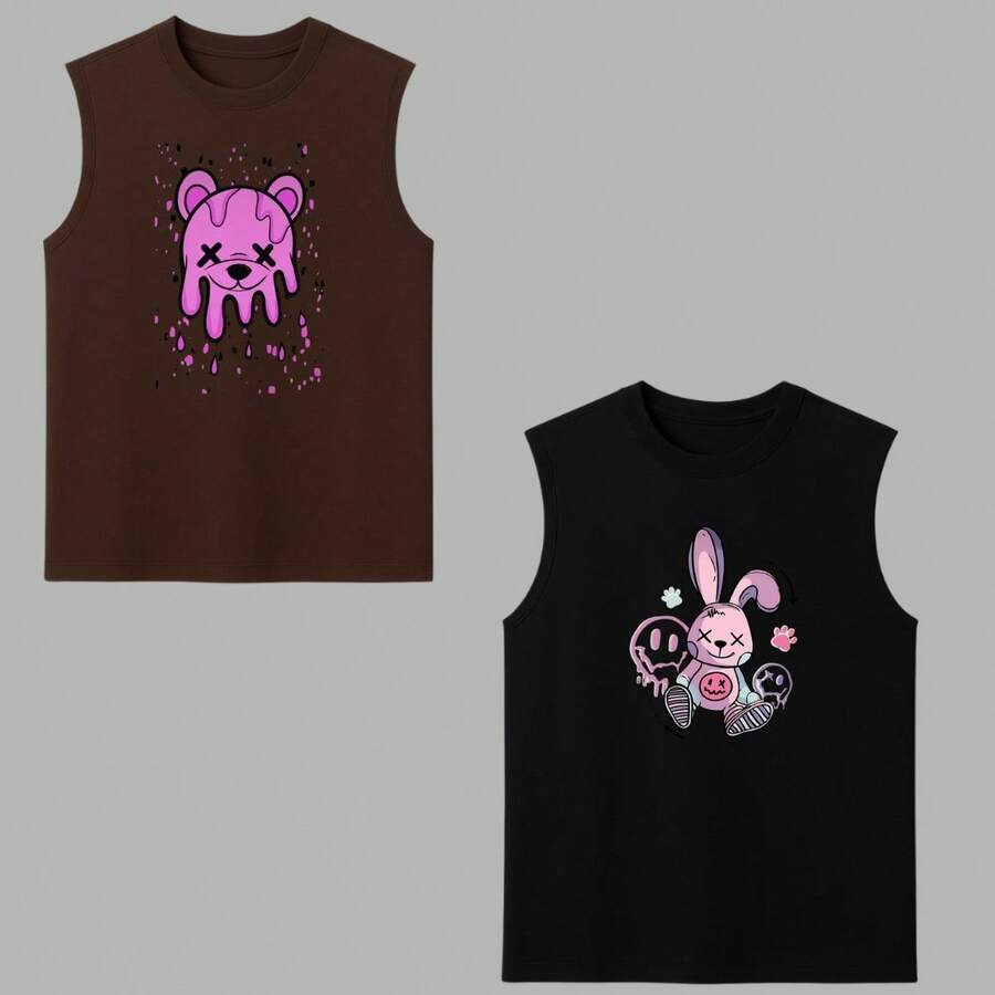 Kit 2 Macho Cotton Tank Top Printed Melted Bear Rabbit Plush Pink Faces Gym Shirt Workout Bodybuilder For The Heat Spring/Summer - Rust Brown - View 1