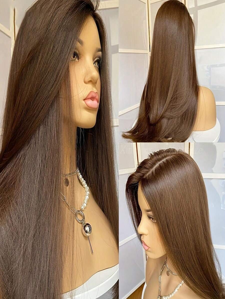 websterwigs 13x4 长直 26 英寸棕色蕾丝前假发，蕾丝前合成假发，带预拔发际线，耐热纤维发丝，丝滑直发假发，适合女性、角色扮演、派对、日常使用