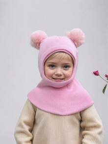 1pc Cute Double-Pom Beanie For Boys And Girls, Perfect For Winter Balaclava Knitted Hat For Autumn And Winter.