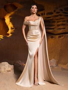 Faeriesty Vestido formal de fiesta con cuello asimétrico, drapeado lateral y bajo de cola de sirena