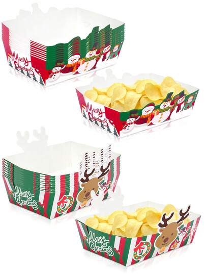 10pcs/20pcs/50pcs Christmas Paper Food Trays Snowman Reindeer Food Serving Boat Nacho Trays Xmas Party Supplies Snack Bowl Popcorn Fries Plates Christmas Movie Boxes For Winter Holiday Xmas Decorations Christmas Birthay Party Supplies