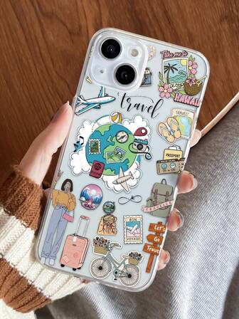 1pc Fashionable Travel Element Collage Pattern Full Coverage Transparent Anti-Fingerprint TPU Soft Phone Case Compatible With IPhone 16 ProMax/16/16 Pro/16 Plus/11/15/15 Pro/15 ProMax/12/13/14 ProMax/XS/XR/11 Pro/11 ProMax/12 Pro/12 ProMax/13 Pro/13 ProMax/7 Plus/14 Pro/14 ProMax/14 Plus/7 Plus/8 Plus/8/SE2/12 Mini/13 Mini, Anti-Yellowing