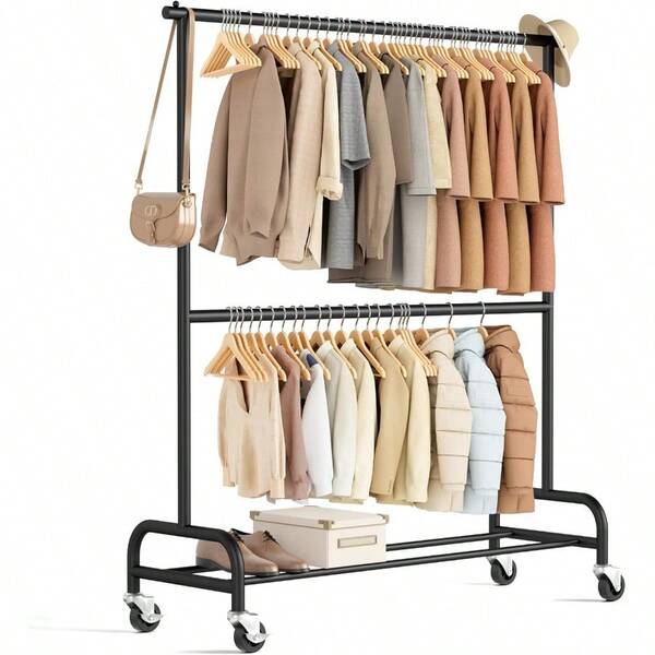 Heavy Duty Clothes Rack For Hanging Clothes Rolling Clothing Rack Heavy Duty On Wheels For Coat Garment Matte Black Double Rod