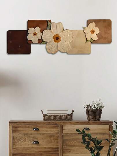 1 件天然花卉图案木质墙饰，侘寂风格木质墙饰，44.96 * 14.99 厘米，适用于节日派对装饰、墙面装饰、卧室装饰、浴室装饰，是送给家人和朋友的完美礼物