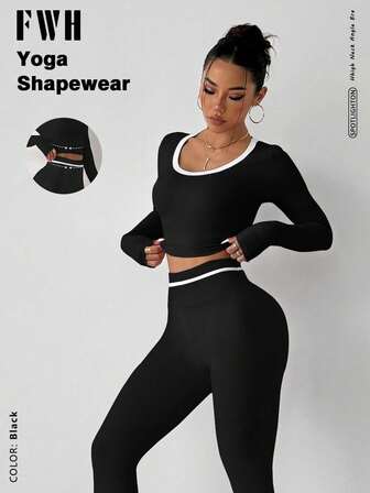 FWH Casual Fashion Elegant Cute Fitness Outdoor Running Yoga Pilates Long Sleeve High-Waist Versatile Wearable Leggings Sport Minimalist Comfort Stretch High-Quality Butt-Lifting Peach Butt Slimming Leg-Shaping Slim-Fit Activewear Two Pieces Set