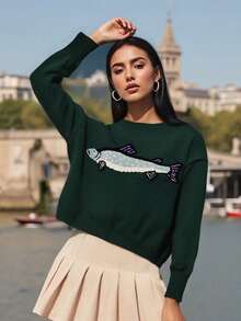 Women Knit Sweater Long Sleeve Crew Neck Fish Pullover Warm Sweater For Fall Winter - 墨綠色 - 查看 6