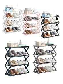 Sapateira de plástico empilhável e dobrável de quatro níveis - Organizador de armazenamento em formato de X que economiza espaço para entrada, corredor, quarto, dormitório, fácil de montar, design durável, preto, organizador de sapatos