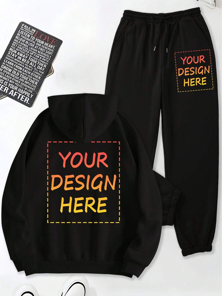 Customize Women's Fleece Suits, Add Your Own Photos, Customize Hooded Sweatshirts And Sweatpants, Customize Fall And Winter Fleece Suits, Original Custom Designs, Pockets And Drawstrings, Customize Fall And Winter Warm Thickened Hoodies, - Black - View 1