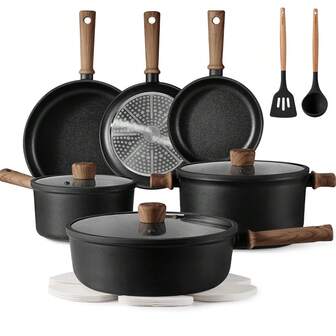 Non Stick Pan And Flat Bottomed Pan, Induction Cookware Set 16 Piece Kitchen Cooking Set, Non Stick Pan And Flat Bottomed Pan, With Frying Pan (Excluding Perfluorooctanoic Acid, Perfluorooctanoic Acid)