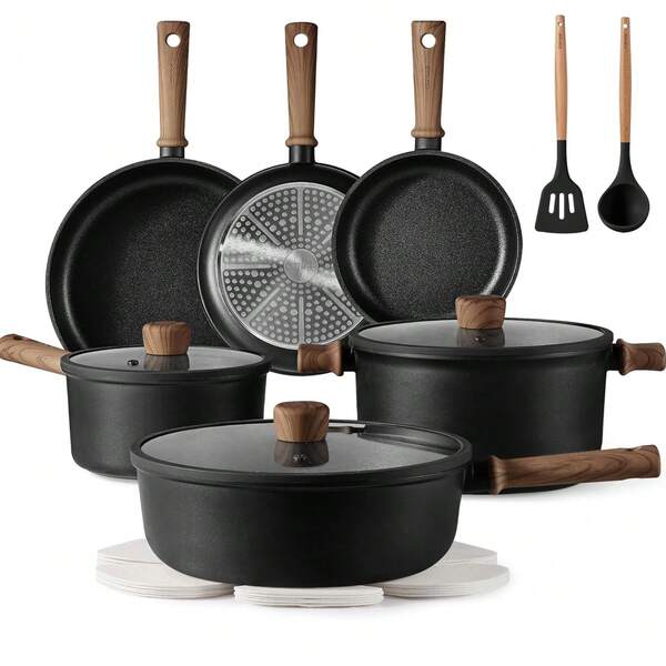 Non Stick Pan And Flat Bottomed Pan, Induction Cookware Set 16 Piece Kitchen Cooking Set, Non Stick Pan And Flat Bottomed Pan, With Frying Pan (Excluding Perfluorooctanoic Acid, Perfluorooctanoic Acid)