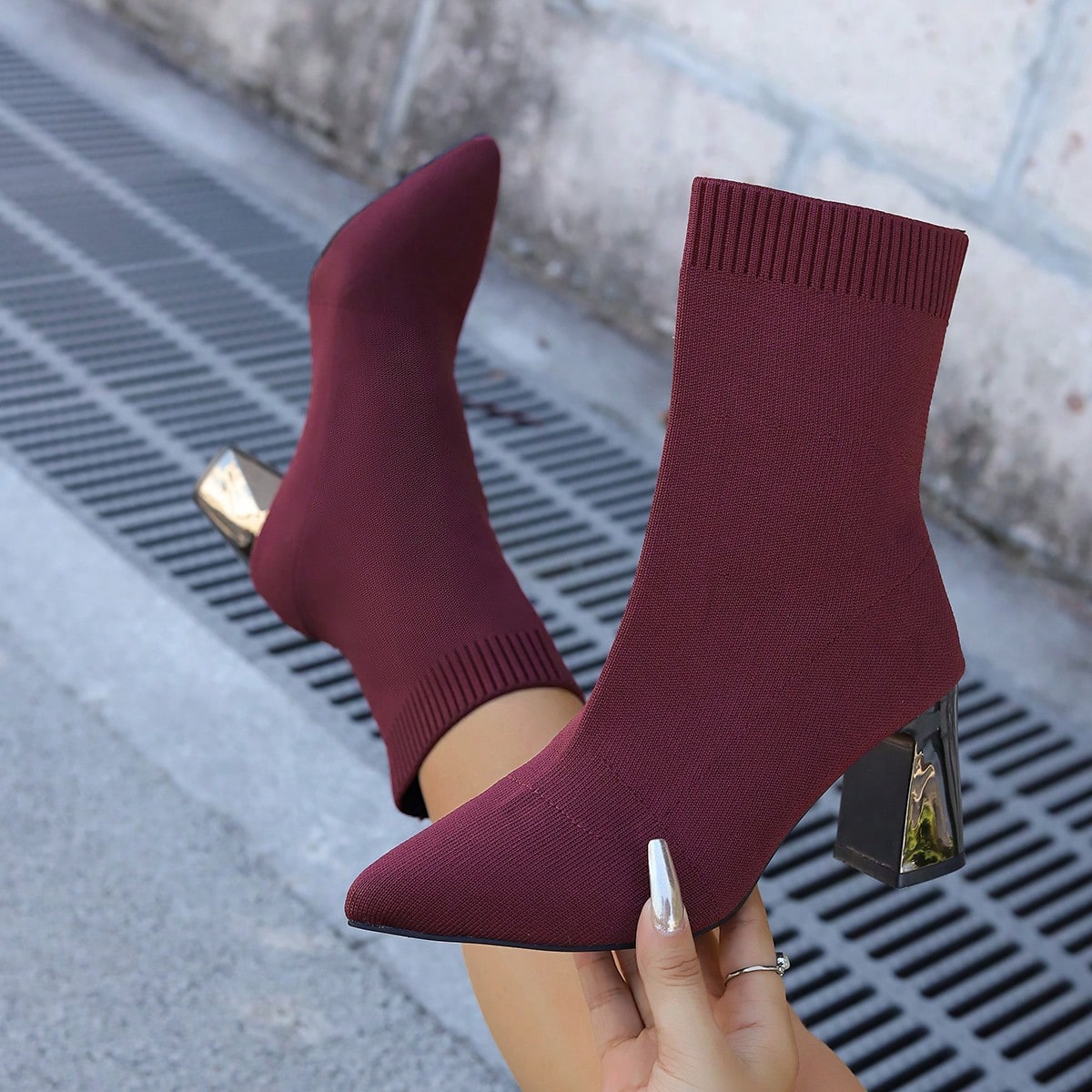 Botas de tobillo con tacón grueso elástico, elegantes y cómodas, de estilo fashionable para mujer, adecuadas para primavera, otoño e invierno