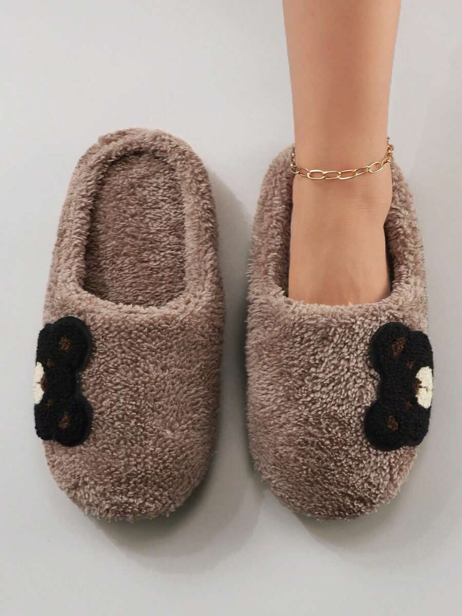 Fall/Winter Cute Cartoon Embroidered Bear Plush Soft Bottom Slippers For Women, Quiet Indoor Slippers,Fluffy Slippers - Coffee Brown - View 1