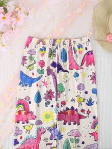 2 件套女孩和青少年休闲恐龙派对图案印花翻领长袖开衫和裤子睡衣套装，阻燃，适合所有季节