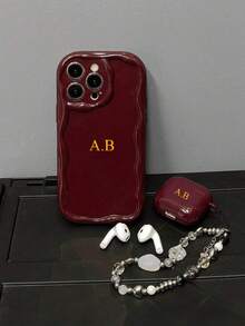 （三件套）个性化手机壳，包含1个酒红色奢华手机壳、1个苹果耳机套和1条腕带，兼容苹果11、12、13、14、15、16 Pro Max、17、17 Air、17 Pro、17 Pro Max，是生日礼物、节日礼物、送给他的/她的礼物、个性化礼物、Etsy/定制产品、送给配偶/父母的定制礼物、周年纪念/结婚礼物、2025手机壳 - 酒紅色 - 查看 2