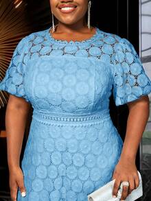 Light Blue Lace Dresses A Line Party Short Puff Sleeves With Lining Plus Size Women Birthday Gowns - 淺藍色 - 查看 4