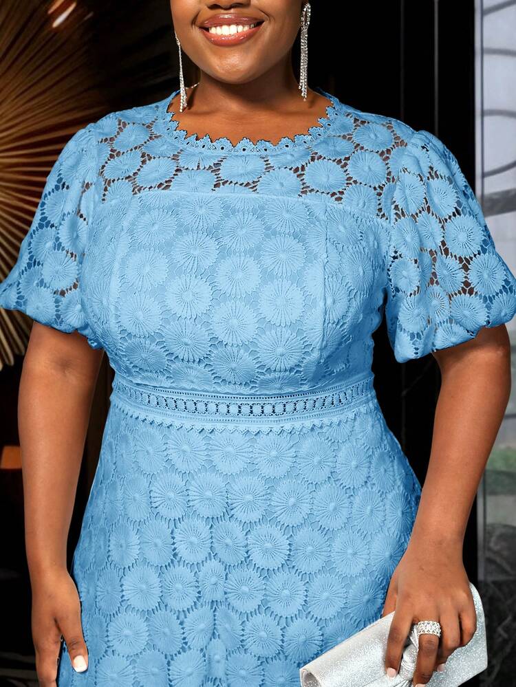 Light Blue Lace Dresses A Line Party Short Puff Sleeves With Lining Plus  Size Women Birthday Gowns Elegant Summer | SHEIN