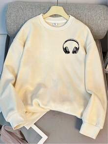 Teen Girl Headphone Letter Prints, Casual Round Neck Sweatshirt, Suitable For School, Shopping, Travel And Party Occasions In Spring And Autumn - Apricot - View 2