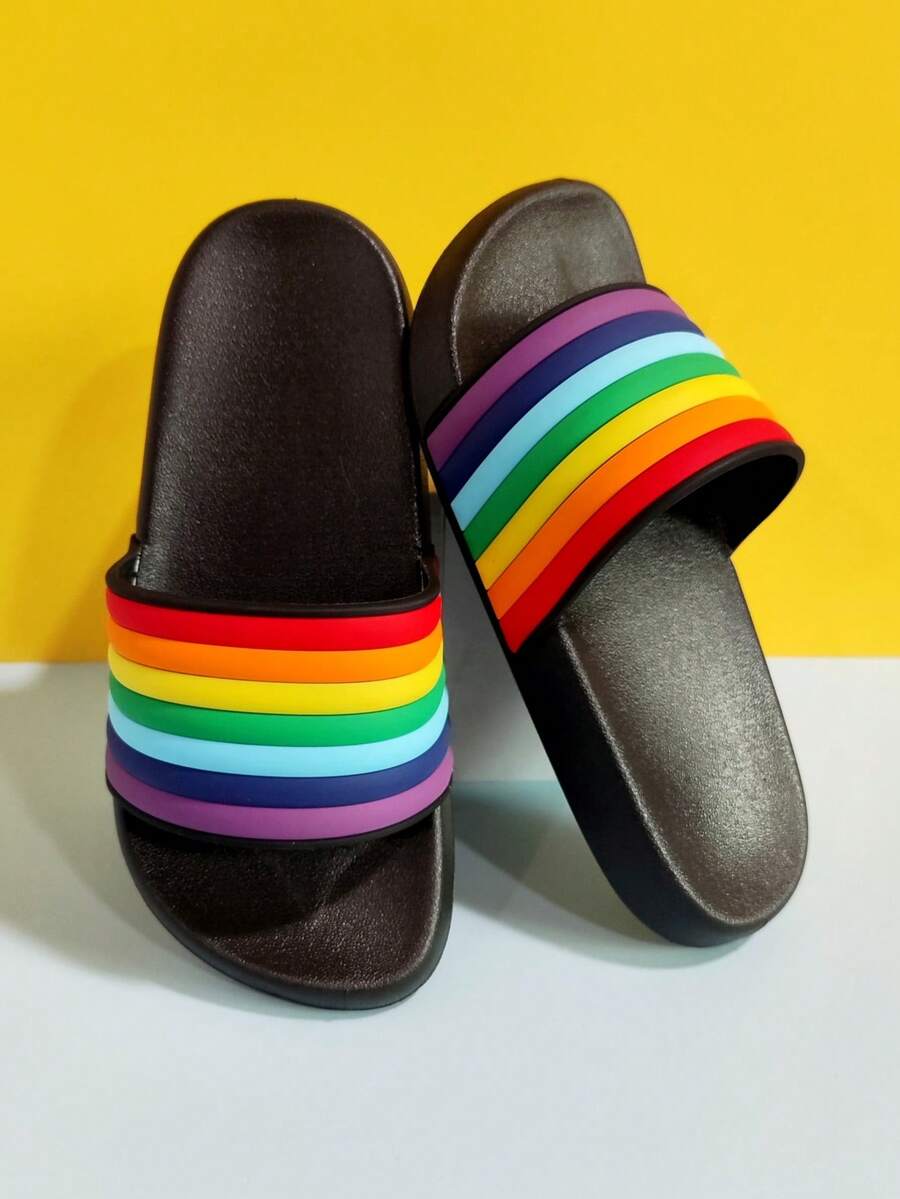 1 par de chanclas planas de PVC con arcoíris para niños, aptas para uso en interiores y exteriores, hogar, baño, todo el año