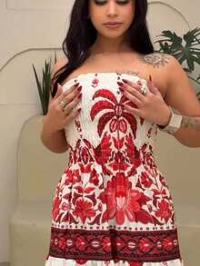 Look Of Millions!!! Long Strapless Dress With Floral Print - Red and White - View 3