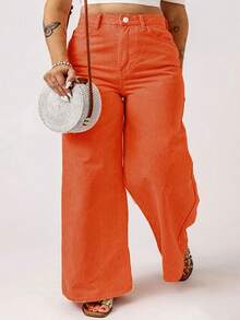 大码女式阔腿裤，适合休闲、通勤和返校穿着，秋冬季款 - 橘色 - 查看 5