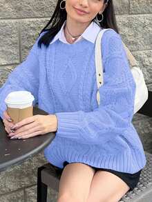 女士圆领扭花长袖针织毛衣，宽松版型，简约风格，通勤必备，天蓝色，休闲保暖，新年必备