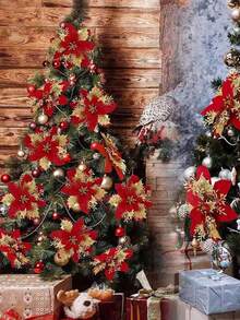 27pcs/Set Flower Design Christmas Tree Decoration,Christmas Wreath Christmas Tree Flowers Ornaments,Contains 9pcs Flowers, 9pcs Clips, 9pcs Rods, Suitable For DIY Christmas Wedding Party Happy Decorations, Christmas Tree Decoration Supplies, Scene Decorations, Holiday Home Decorations, Corridor Office Courtyard Decorations