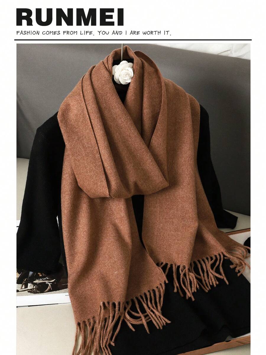 1 pieza Bufanda de cachemira de color amarillo brillante con flecos para mujer, tamaño 30*180cm, chal suave, adecuado para vestidos en , verano, otoño e invierno - Color café rojo - Ver 1