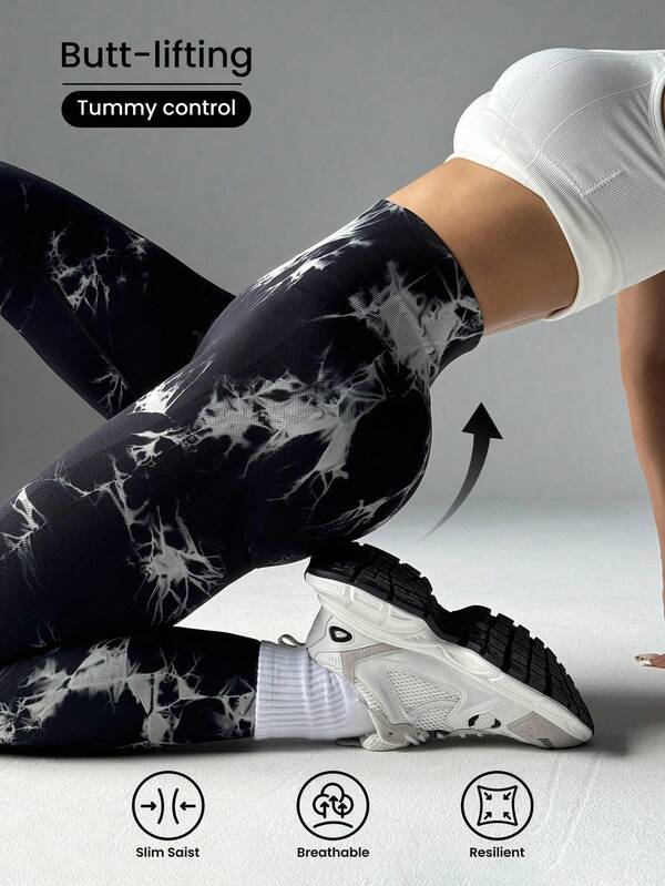 Tie-Dyed Tight Leggings,Tummy Control Workout Running Yoga Pants For Women,Core Rhythm Tie-Dye Print High Waist Elastic Waist Sports Leggings