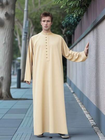 Men's Solid Long Sleeve Stand Collar Arabian Robe