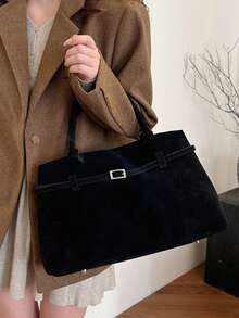 大容量绒面复古托特包女2024秋冬新款高品质通勤百搭手提包，甜美酷炫辣妹风女包