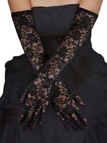 1 Pair Random Transparent Lace Stretch Gloves - Black - View 3