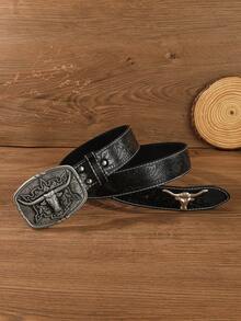 Western Cowboy Vintage Style Belt, Suitable For Casual Daily Wear - Black - View 3
