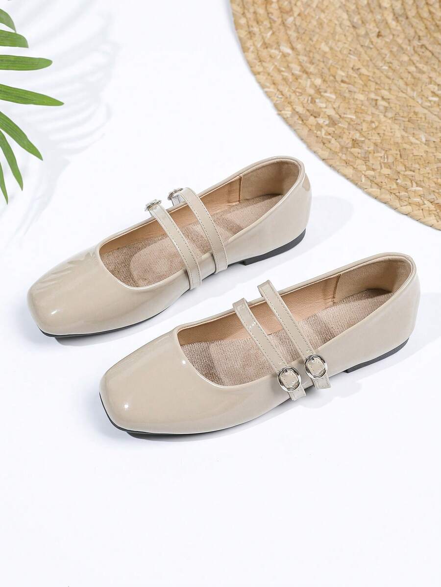 女式复古玛丽珍平底鞋，双带设计，适合所有季节 - 杏色 - 查看 1