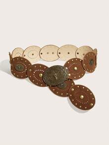 1pc Women's Heart Patchwork Rivet Decor Western Retro Belt Accessory, American Vintage Belt In Stock - Khaki - View 3