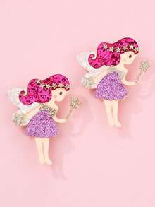 2pcs/Set Frozen Princess Element Hair Clips, Laser Cut Glitter Non-Woven Fabric & Mesh Material, Padded Design, Suitable For Women Daily Hair Decoration