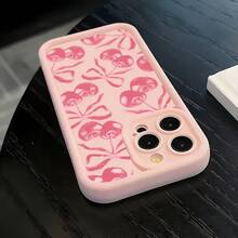 1pc Pink Matte Lens Protection Anti-Drop Pink Bow Cherry Pattern Phone Case, Personalized Compatible With IPhone 16 Pro Max, 15/14 Plus, 13, 12, 11, Compatible With Samsung Series - Multicolor - View 4