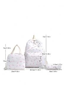 3pcs Fashionable Collegiate Bow Print Backpack Set, Includes Backpack, Lunch Bag And Pencil Case, With Laptop Compartment, Adjustable Shoulder Straps, Multi-Pocket Large Capacity, Multi-Functional Daily Backpack Set, Suitable For Girls/Teens/College Students/Graduates For Daily Use/Vacation/Travel/Back To School - White - View 3