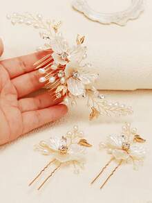 3件套女士珍珠水晶串珠手工发梳发夹套装，经典欧式新娘婚礼发饰情人节配饰 - 金色 - 查看 4