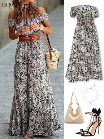 女士长款束腰连衣裙，露肩甜美花卉印花