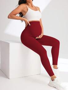 Maternity High Waist Seamless Elastic Solid Color Leggings Spring Sports - Burgundy - View 6