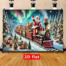 2D 平面 1 件节日圣诞火车场景背景 - 多尺寸聚酯派对横幅，带有圣诞老人、雪森林和精致火车，非常适合节日庆祝活动、家庭、花园、工作室和户外活动、圣诞装饰