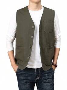 Men's Casual Outdoor Cotton Vest Lightweight Breathable Multi-Pocket Fishing Travel Vests OutwearChristmas IQWV - 02-綠色 - 查看 5