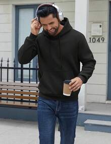 Men Cotton Fleece Hooded Sweatshirt Casual Long Sleeve Hoodies Pullover Fashion Drawstring Hoodie With Kanga Pocket - Màu Đỏ Sâu - Xem 7