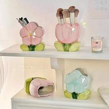 Flower Pen Holder Ceramic Desktop Decoration Cute Girl Desk Office Storage Box Stationery Shelf Storage Tank - 鬱金香粉紅色 - 查看 4