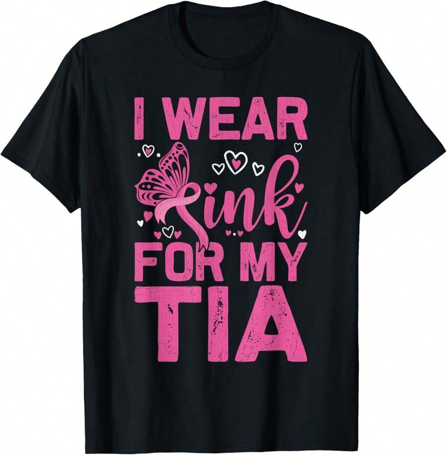 I Wear Pink For My Tia October Breast Cancer Awareness Day T-Shirt - Black - View 1