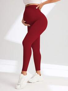 Maternity High Waist Seamless Elastic Solid Color Leggings Spring Sports - Burgundy - View 7