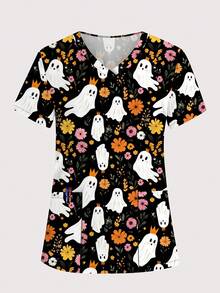 cimmuovere 大码女式V领短袖可爱幽灵与花卉印花手术服护士制服上衣，适用于牙科、医疗保健、宠物医院、实验室、万圣节服装 - 黑色 - 查看 1