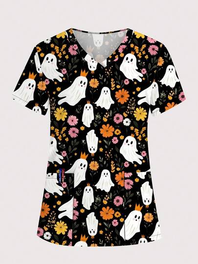 cimmuovere 大码女式V领短袖可爱幽灵与花卉印花手术服护士制服上衣，适用于牙科、医疗保健、宠物医院、实验室、万圣节服装